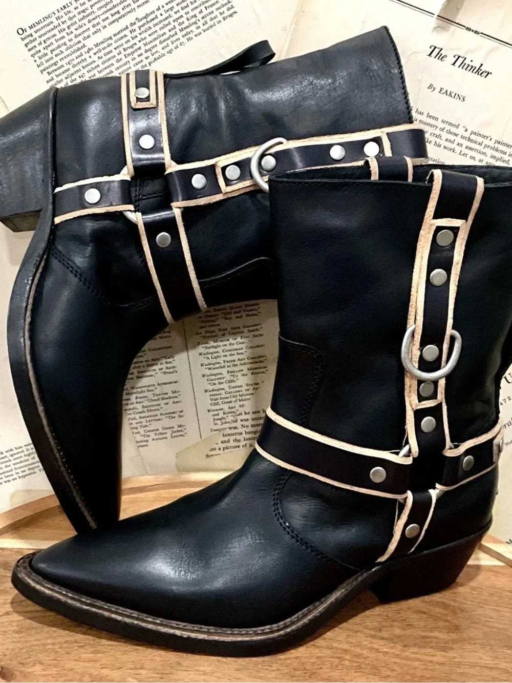 Free People We The Free Abroad Harness Boots Black Tan Pewter Pointy - Picture 2 of 8